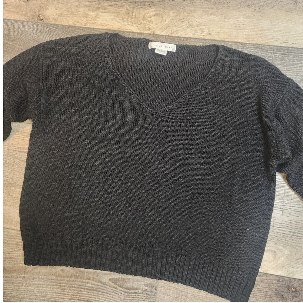 August Silk Sweater Women XL Black Excellent V-Neck 3/4 Sleeve Textured Knit